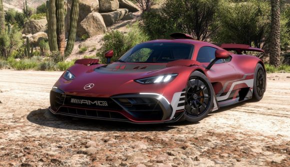 Forza Horizon 5 player count: A red Mercedes sports car parked on a dirt road with cacti in the background