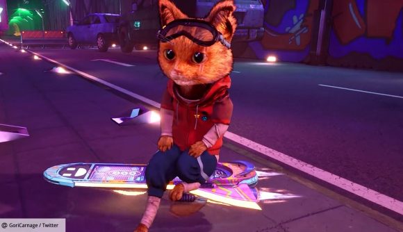 Gori Cuddly Carnage Summer of Gaming trailer: Gori, a ginger cat in a red jumper, sat on their hoverboard