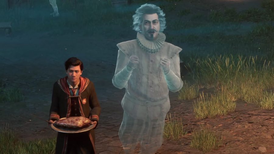 Hogwarts Legacy Characters: Nearly Headless Nick and the player can be seen