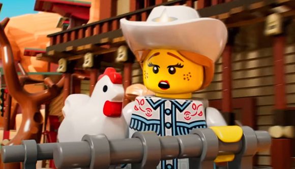 Lego Brawls character customisation: A lego character in a white cowgirl outfit looks at a chicken with a surprised expression