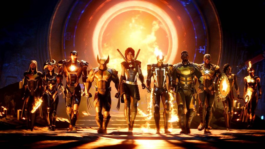 Marvel's Midngiht Suns characters line up: an image of a large selection of Marvel characters clad in gold and black