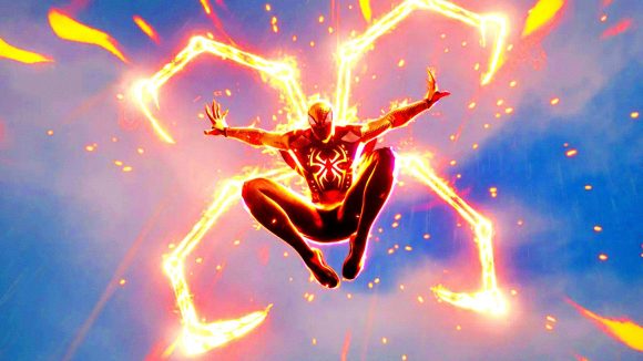 Marvel's Midnight Suns unique character abilities: An image of Spider-Man leaping with fire-built legs around him