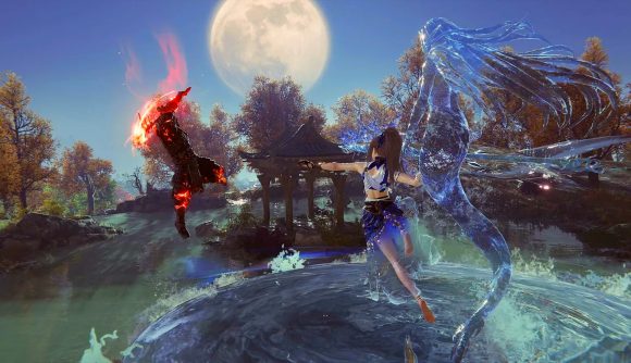 Naraka Bladepoint new map: Two heroes from Naraka Bladepoint battle each other mid air. One has a red sword, the other casts a water ability resembling a mermaid