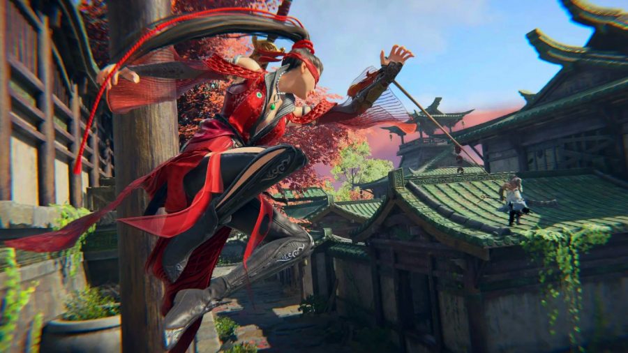 Naraka Bladepoint Xbox Game Pass: A female character in a red robe grapple hooks through the air