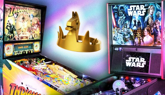Pinball Royale esports: An image of two pinball machines, with the golden llama crown from battle royale Fortnite in the middle