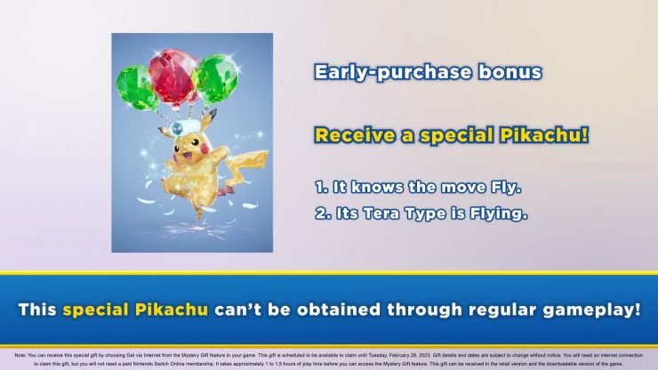 Pokémon Scarlet & Violet pre-order bonus: the special Pikachu. Image shows an image of a crystalline Pikachu wearing a hat and balloons. Text says "Early-purchase bonus. Receive a special Pikachu! 1. It knows the move Fly. 2. Its Tera Type is Flying. This special Pikachu can't be obtained through regular gameplay.