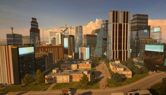 PUBG new map Deston: A city of skyscrapers during a sunset in PUBG's Deston map