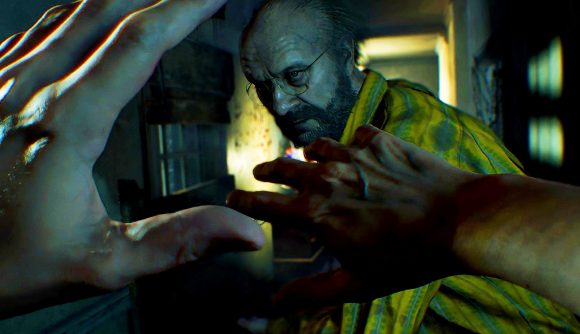 Resident Evil PS5 Upgrade PSN database: an image of the old man from RE7 punching Ethan