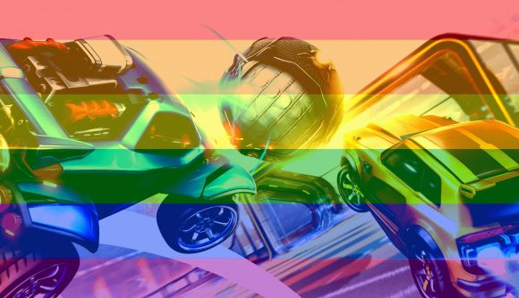 Rocket League free shine through bundle Pride: an image of rocket league key art overlayed with the Pride flag