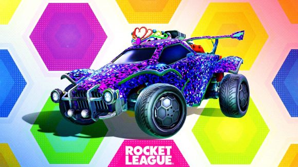 Rocket League Shine Through Bundle Pride Cosmetics: An image of a sequin-covered Rocket League car in purple