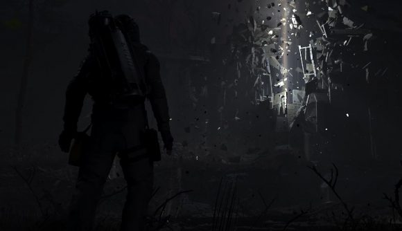 Stalker 2 opening: A person looks up at a beam of bright light surrounded by floating rocks and debris