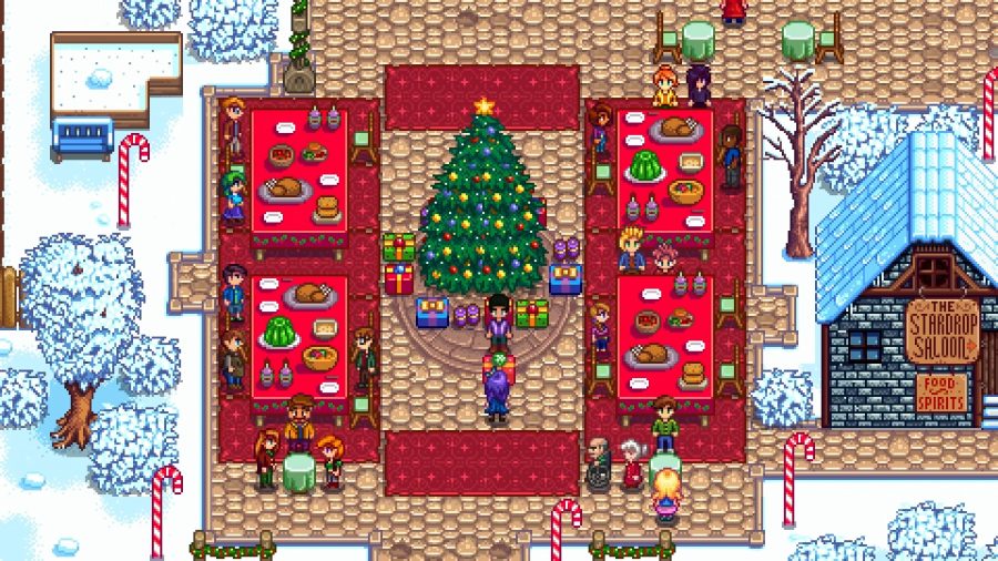 Stardew Valley gifts: Players gather around a Christmas tree in Stardew Valley