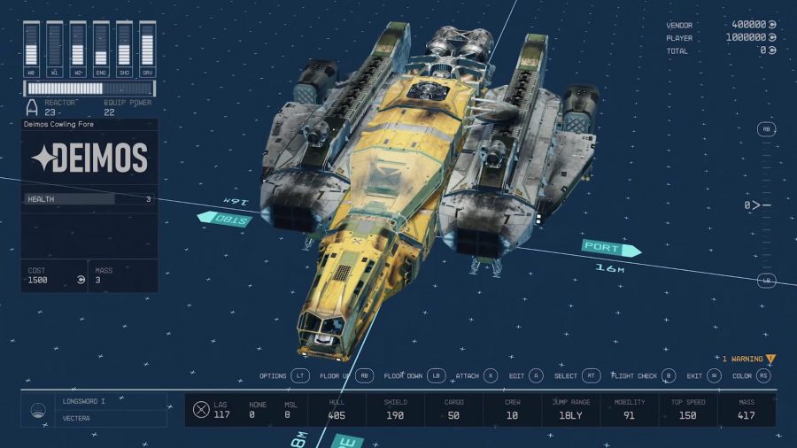 Starfield Space Editor: An image of the starfield ship editor in-game