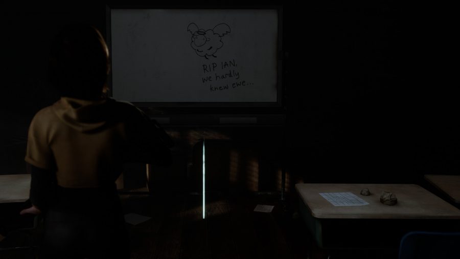 The Quarry Clue Locations: Kaitlyn can be seen looking at the whiteboard. 