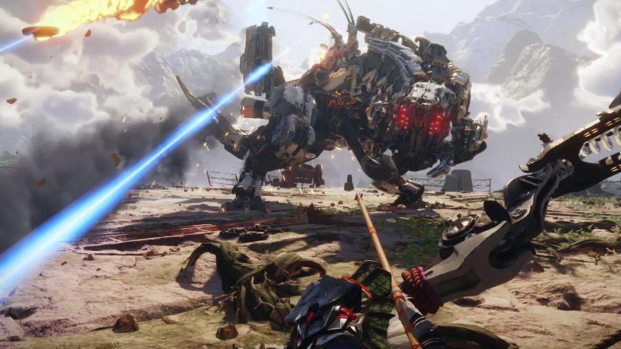 Upcoming PSVR 2 Games: Rays can be seen holding a bow and fighting a thunderjaw