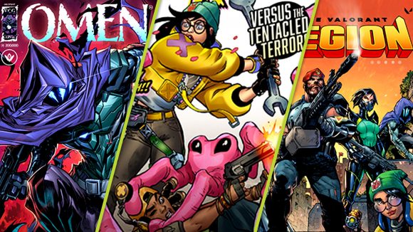 Valorant Comic Crossover Event player cards: three comic book covers featuring Valorant agents