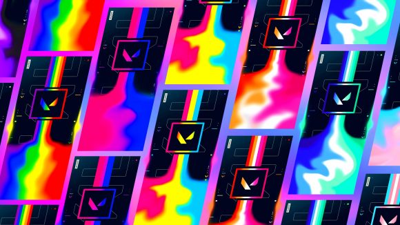 Valorant Pride Month Bundle player cards: A selection of player cards showcasing some of the Valorant Pride designs