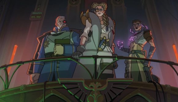 Warhammer 40K Rogue Trader Announcement Trailer: Three characters canbe seen overlooking a balcony
