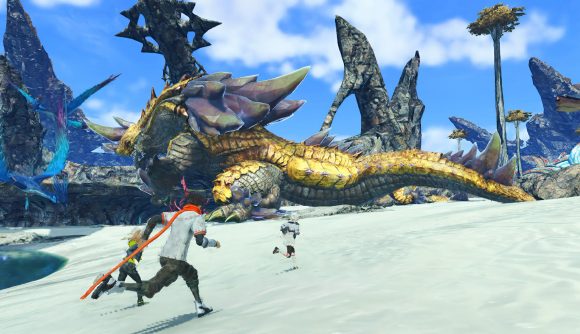 Xenoblade Chronicles 3 DLC Expansion Pass Details: Characters can be seen running up a large hill with a monster in the background.