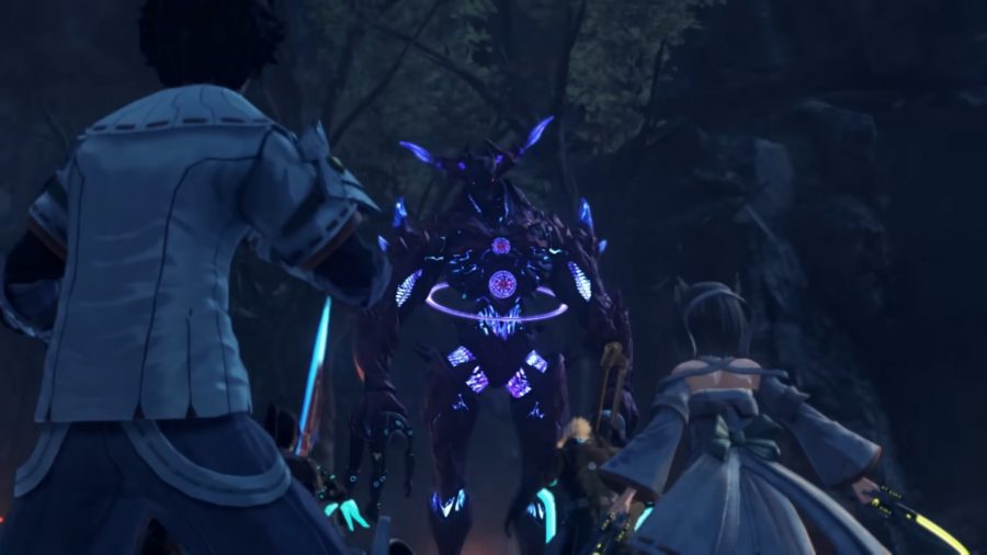 Xenoblade Chronicles 3 - pre-orders. A screenshot shows a group of anime-style people preparing to fight a giant robot of some sort in a dark, quarry-like area.