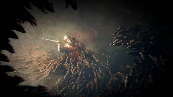 A Plague Tale Requim rats climb Edge interview: an image of a soldier being swarmed by rats