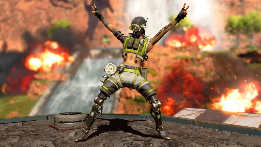 Apex Legends Kings Canyon Reforged Season 14: Octane throws his hands up in the air as explosions go off around him