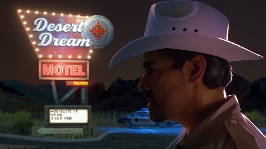 As Dusk Falls Review: Dante can be seen in front of the Desert Dream Motel sign