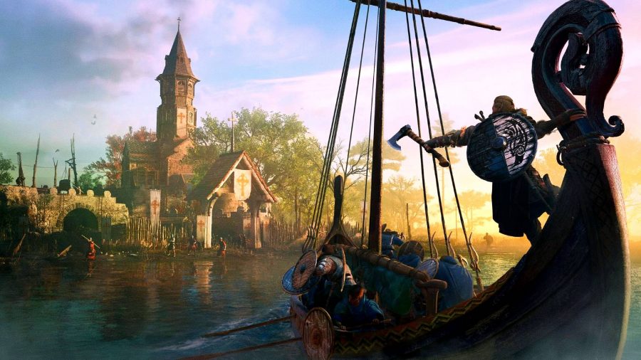 Assassin's Creed Aztec game leaks Valhalla river raid: an image of a Viking Longship attacking a monestary