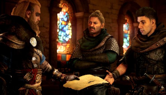 Assassin's Creed Valhalla Isu language creation: an image of male Eivor talking to Stowe and Erke