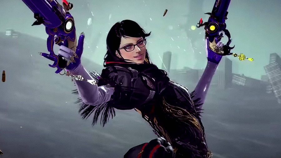 Bayonetta 3 characters: A woman in glasses posing with two guns