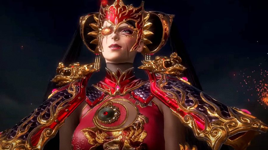 Bayonetta 3 characters: A woman with an eyepatch wearing gilded red and gold armour
