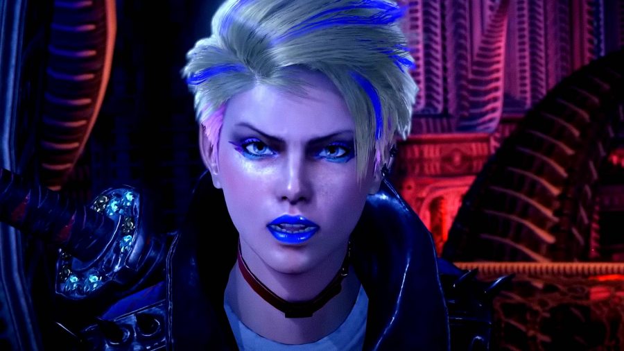 Bayonetta 3 characters: An image of a woman with short white hair and blue lipstick looking angry