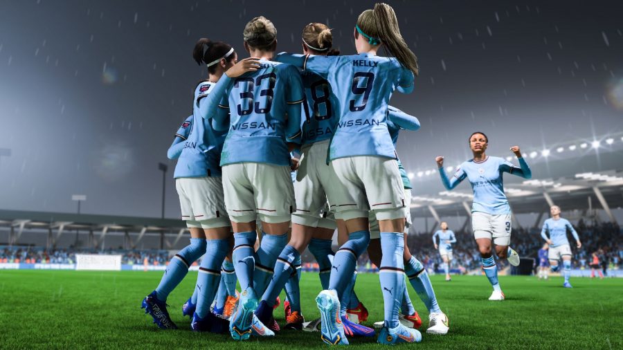 FIFA 23 Best Goalkeepers: Multiple players can be seen celebrating in a huddle