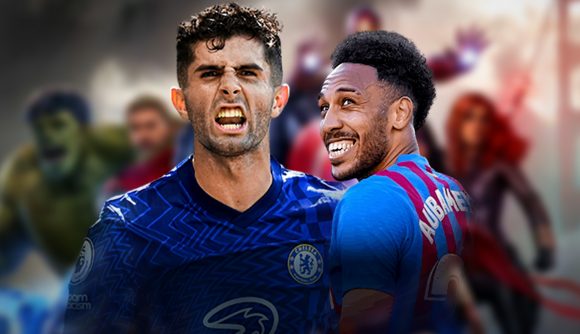 FIFA 23 Marvel FUT Heroes leak: an image of Pulisic and Auba on a blurred Marvel's Avengers background