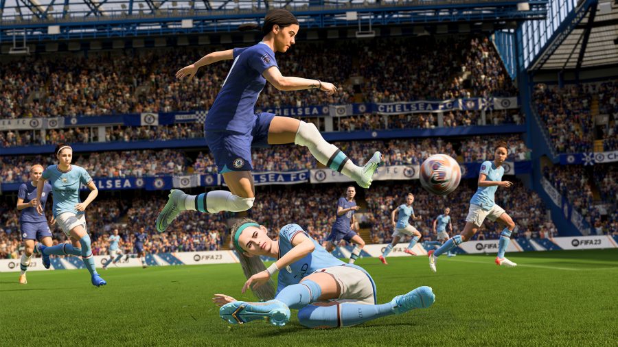 FIFA 23 release date: Kerr jumps over a Man city player trying to tackle her