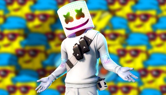 Fortnite update 2130 Marshmello concert: An image of Marshmello's Fortnite skin on a colourful background of bananas in shades