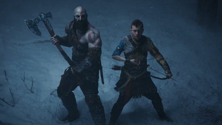 God of War Ragnarök pre-orders - image shows Kartos and son in the snow.