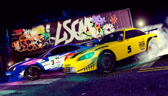 GTA Online Criminal Enterprises races payout: Two race cars in a graffitied area