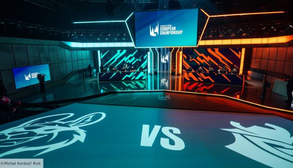 Misfits leaving LEC: a wide view of the LEC studio, with graphics for G2 and Misfits displayed on the floor