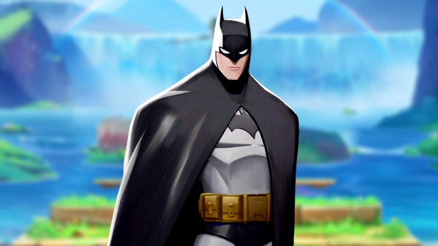 MultiVersus Batman combos: an image of Batman standing infront of a blurred waterfall