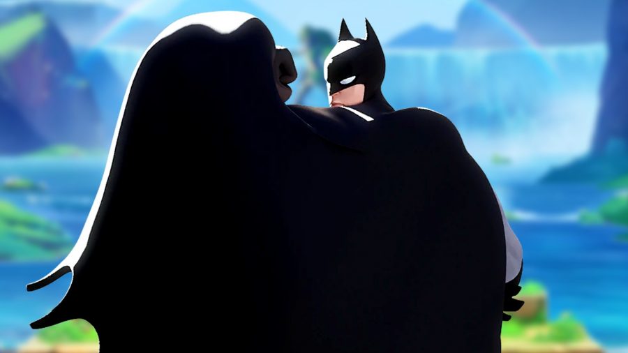 MultiVersus Batman Combos: an image of Batman holding his cape up infront of a blurred waterfall