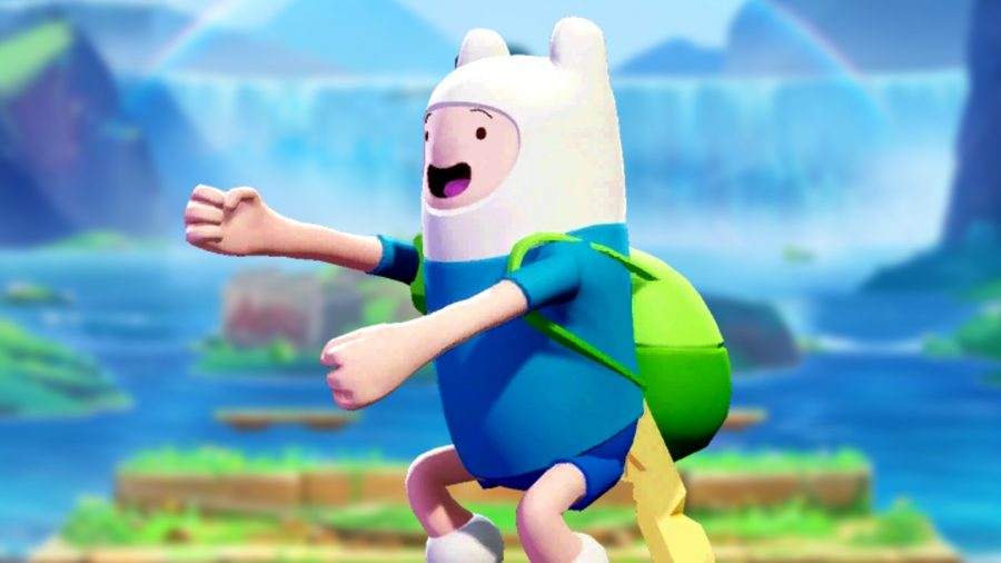 MultiVersus Finn combos: an image of Finn doing the Baby Dance from Adventure Time in front of a blurred waterfall