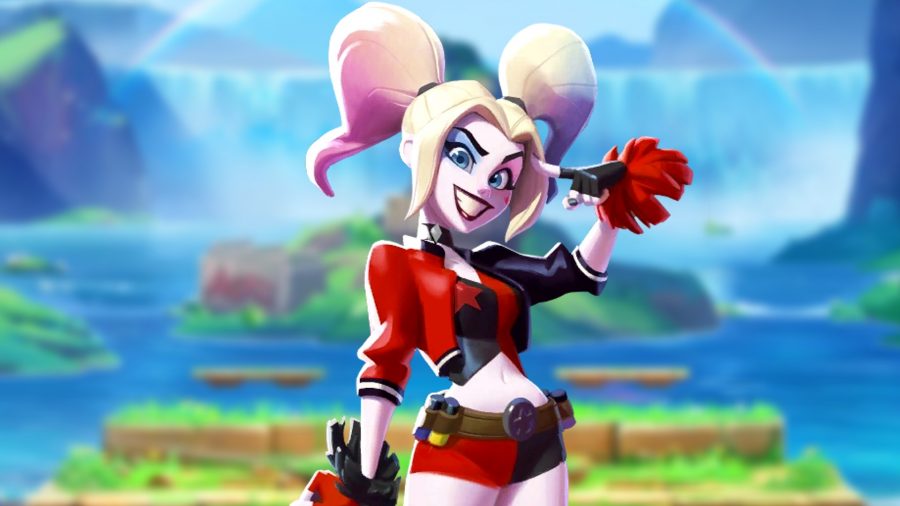 MultiVersus Harley combos: an image of Harley infront of a blurred waterfall