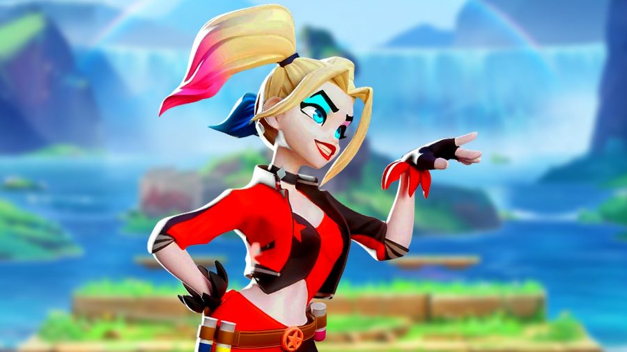 MultiVersus Harley combos: an image of Harley waving to the side with a grin infront of a blurred waterfall