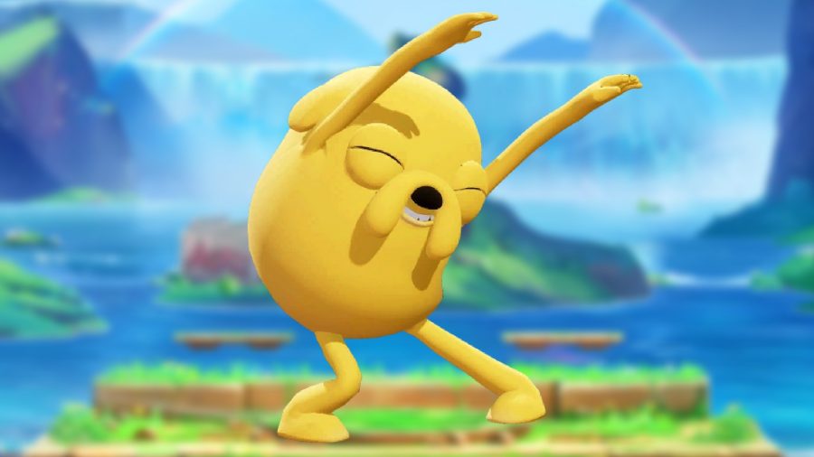 MultiVersus Jake combos dance: an image of a cartoon dog dancing with his hands up
