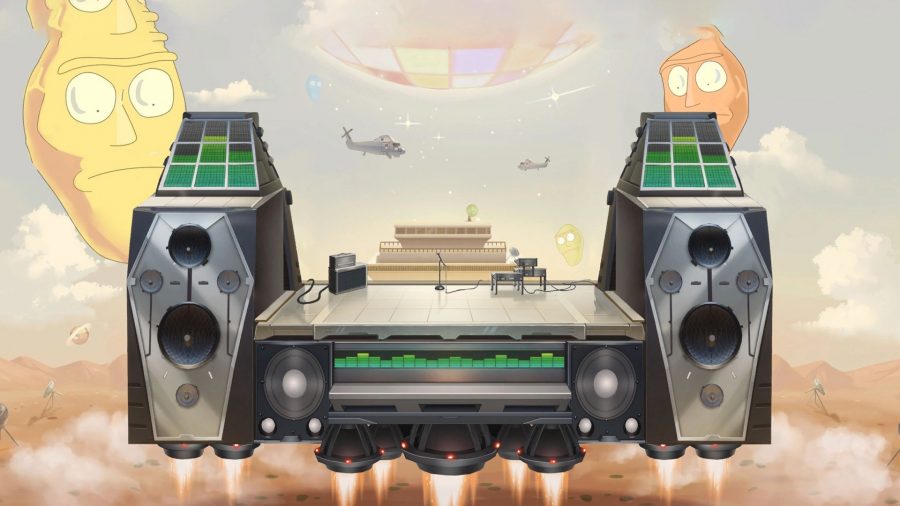 MultiVersus maps stages Cromulons Stage: an image of a floating music stage with speakers and big heads in the background
