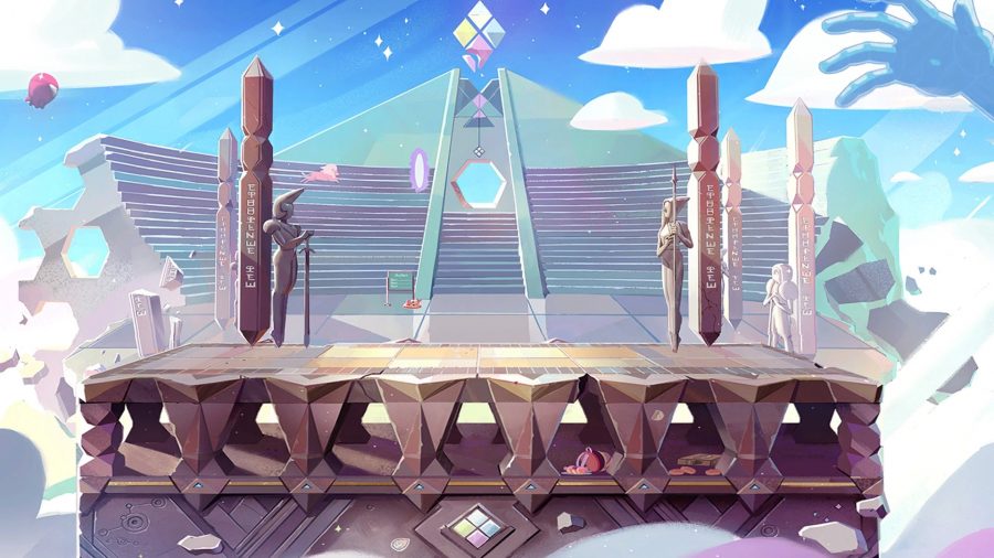 MultiVersus maps stages Sky Arena: an image of a strange floating building with pillars and stairs in the back