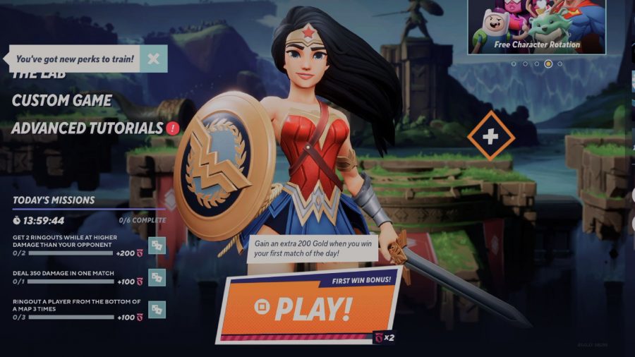 MultiVersus Rested XP Explained: Wonder Woman can be seen in the menu, with the Rested XP bar at the bottom