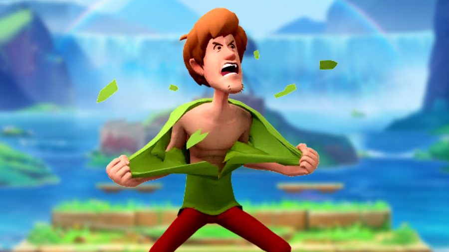 MultiVersus Shaggy Combos: an image of Shaggy ripping his shirt open infront of a blurred waterfall