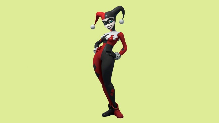 MultiVersus skins: an image of Harley in a classic black and red jesters costume